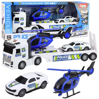 LEAN TOYS Policijas kravas auto, evakuators, helikopters, automašīna ar gaismām un skaņām