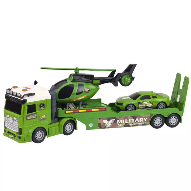 LEAN TOYS Militārais komplekts Militārā kravas automašīna, evakuators, automašīna, helikopters ar gaismu un skaņu