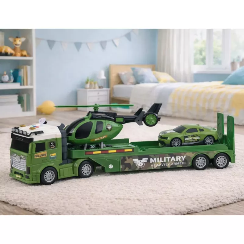 LEAN TOYS Militārais komplekts Militārā kravas automašīna, evakuators, automašīna, helikopters ar gaismu un skaņu