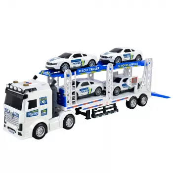 LEAN TOYS Policijas kravas auto evakuators ar policijas automašīnām, gaismām un skaņām