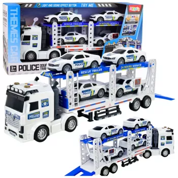 LEAN TOYS Policijas kravas auto evakuators ar policijas automašīnām, gaismām un skaņām