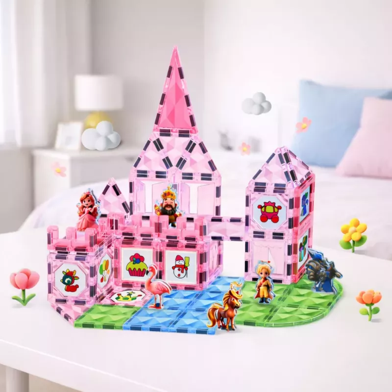 LEAN TOYS Magnētiskie bloki ar figūrām, krāsām un kartēm krāsošanai Rozā 80 gab.
