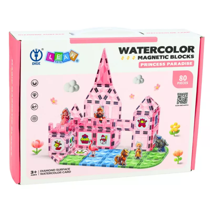 LEAN TOYS Magnētiskie bloki ar figūrām, krāsām un kartēm krāsošanai Rozā 80 gab.