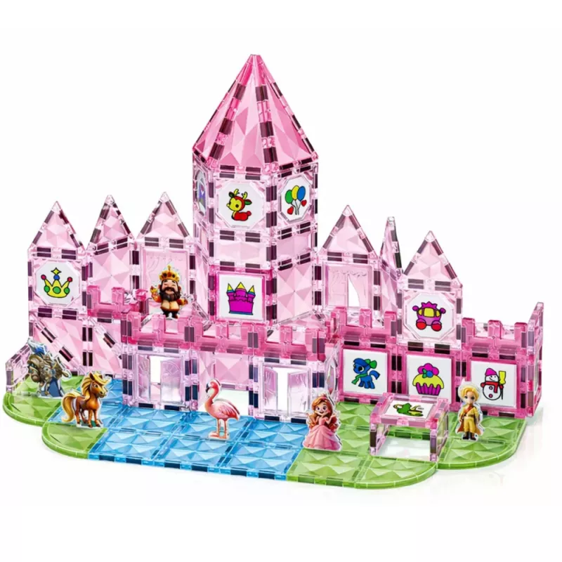 LEAN TOYS Magnētiskie bloki ar figūriņām, krāsām un krāsošanas kartēm, rozā, 142 gab.