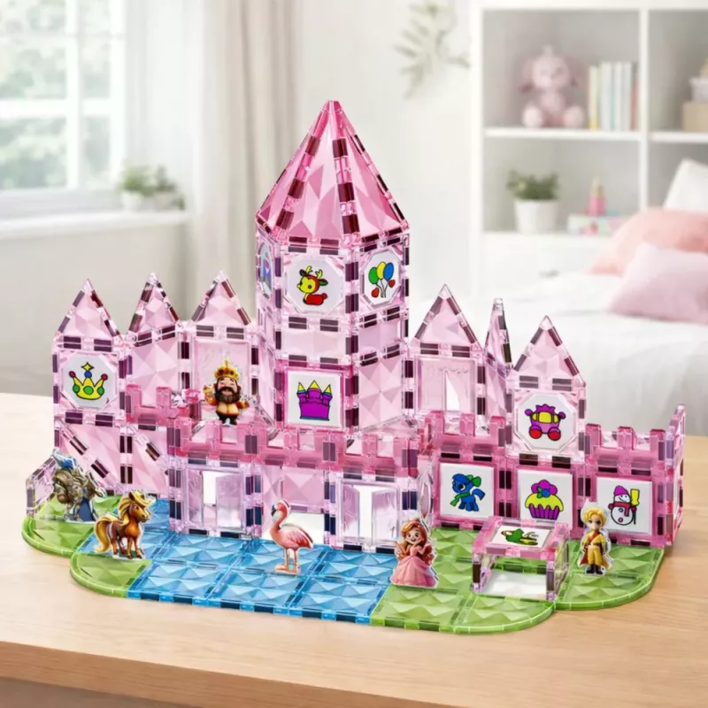 LEAN TOYS Magnētiskie bloki ar figūriņām, krāsām un krāsošanas kartēm, rozā, 142 gab.