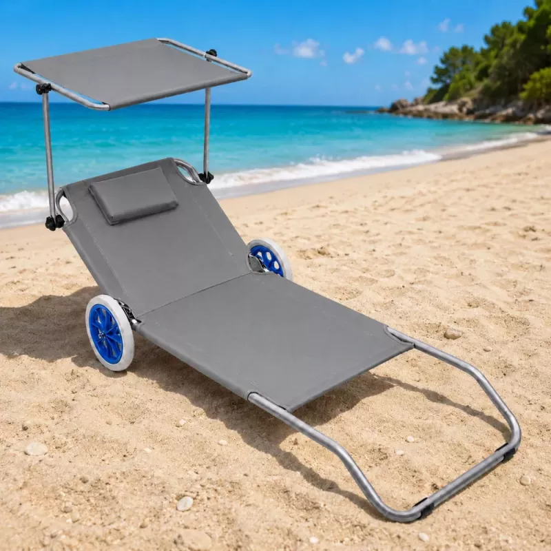 LEAN Garden Beach Deckchair on Wheels with Folding Canopy, Aluminum, Gray