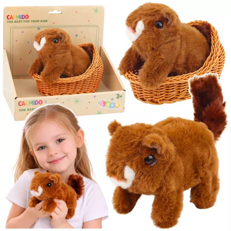LEAN TOYS Plush Interactive Squirrel in a Basket Walks and Makes Sounds Brown