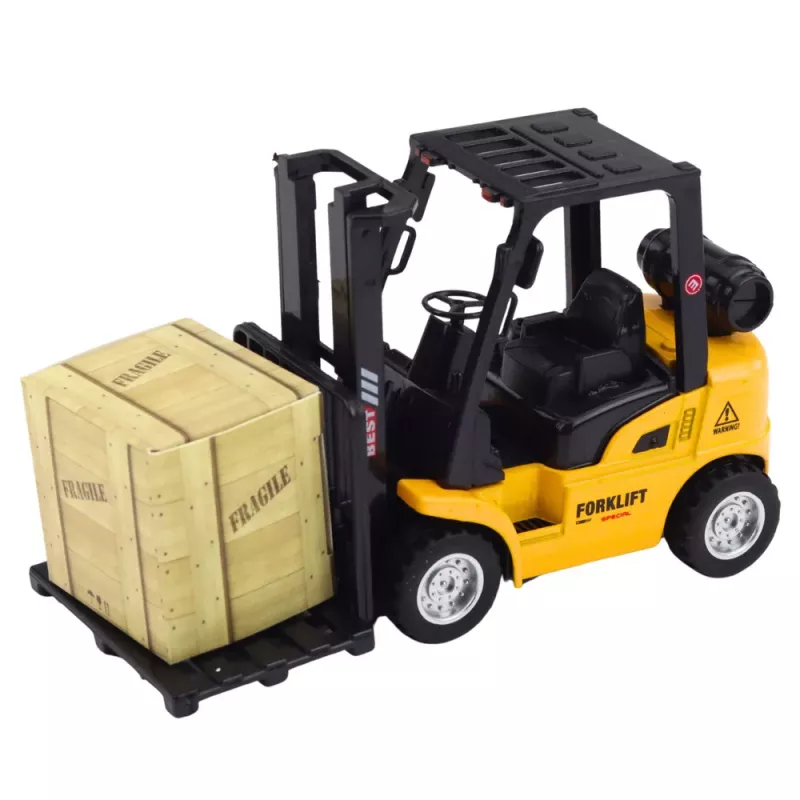 LEAN TOYS Autoiekrāvējs ar motorizētām metāla dakšām palešu un kastu pārvietošanai, dzeltens