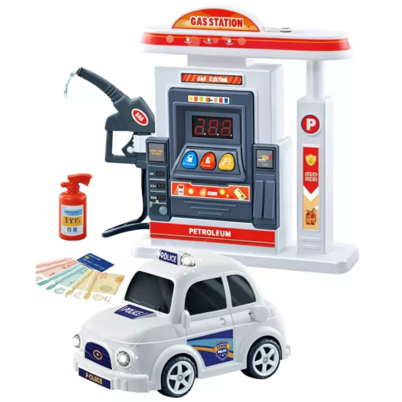 LEAN TOYS Interaktīvā policijas automašīna ar degvielas uzpildes staciju, gaismām, skaņām un dūmiem