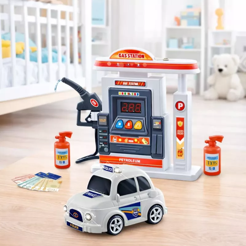 LEAN TOYS Interaktīvā policijas automašīna ar degvielas uzpildes staciju, gaismām, skaņām un dūmiem