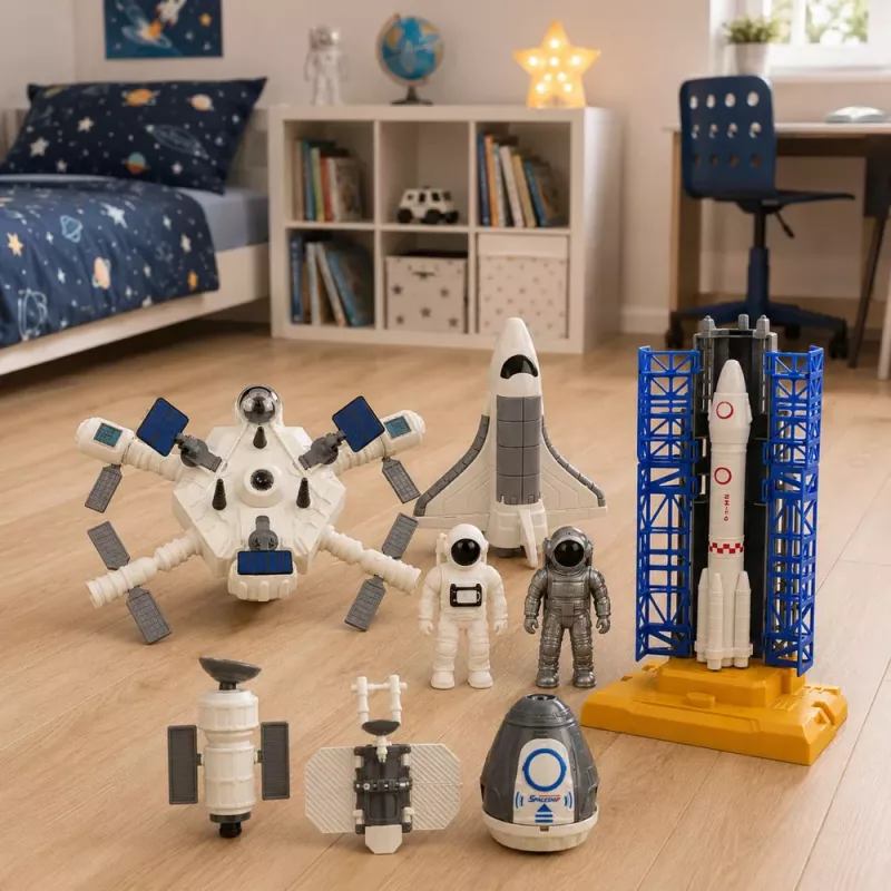 LEAN TOYS Kosmosa stacija Raķete Space Shuttle Satelīti Kosmonauti Gaismas