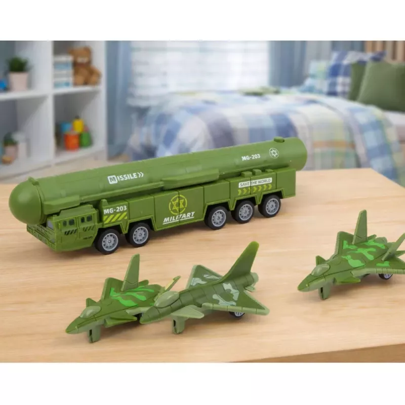 LEAN TOYS Militārais komplekts ar kravas automašīnu, iznīcinātājiem un motorizētu raķešu palaidēju