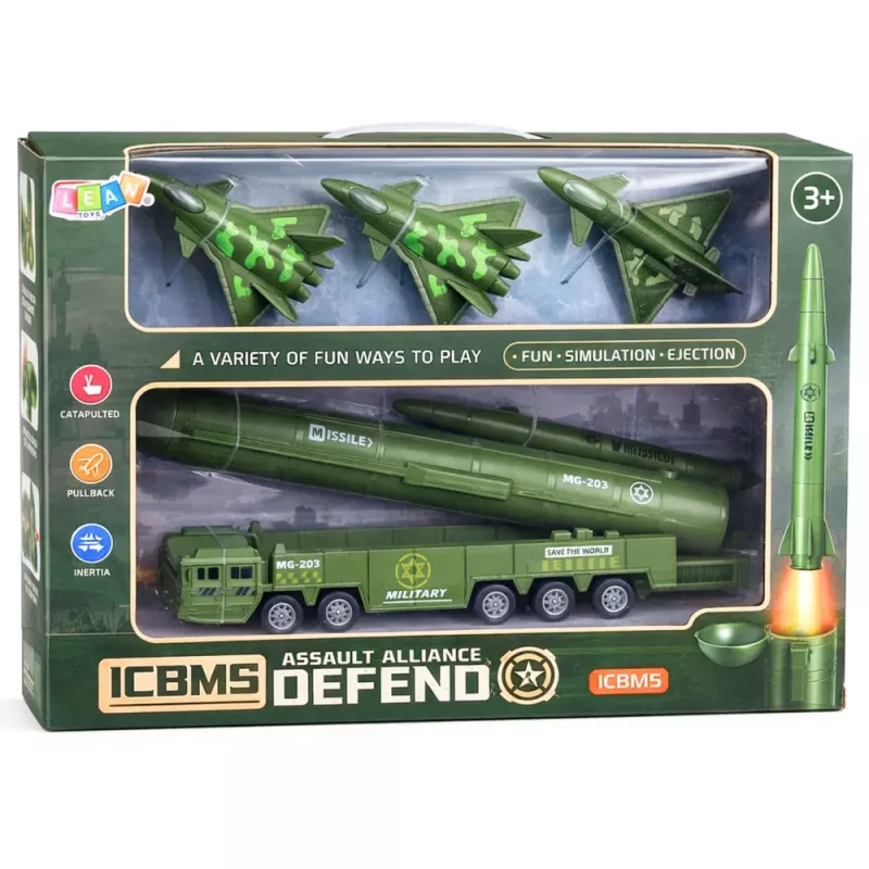 LEAN TOYS Militārais komplekts ar kravas automašīnu, iznīcinātājiem un motorizētu raķešu palaidēju