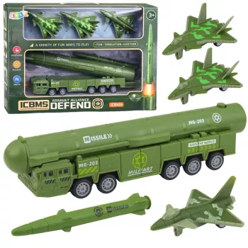 LEAN TOYS Militārais komplekts ar kravas automašīnu, iznīcinātājiem un motorizētu raķešu palaidēju