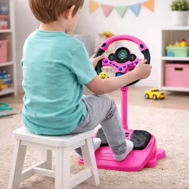 LEAN TOYS Interaktīvā stūre uz statīva ar pedāļiem, gaismām un skaņām, rozā