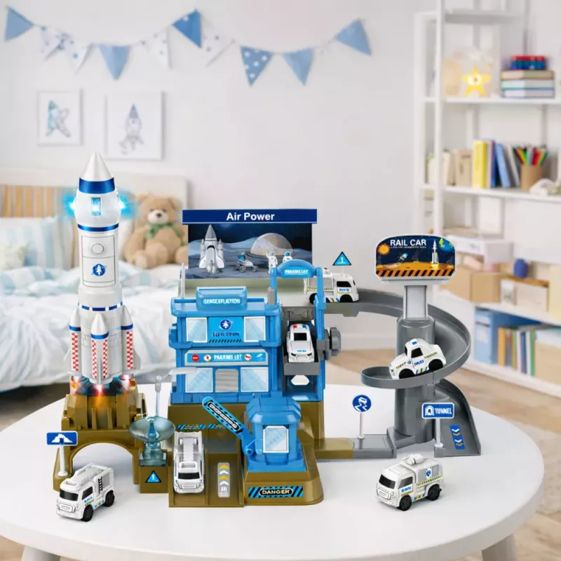 LEAN TOYS Interaktīvā kosmosa stacija ar autostāvvietu un raķeti ar gaismām un skaņām