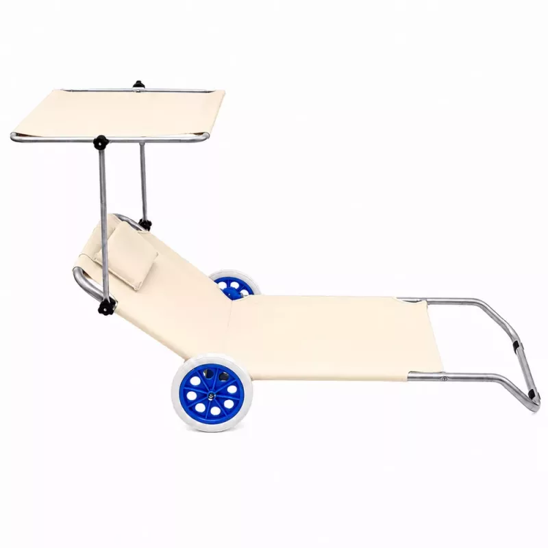LEAN Pludmales krēsls uz riteņiem, dārzam, salokāms, alumīnija nojume, krēmkrāsas