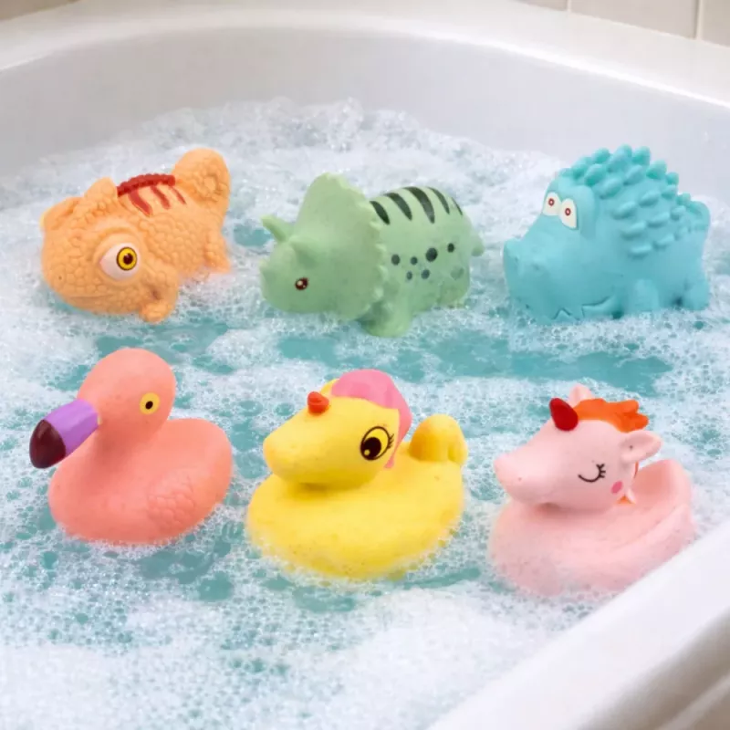 LEAN TOYS Izglītojošu gumijas dzīvnieku komplekts vannošanai, pasteļtoņu spēles, 6 gab.