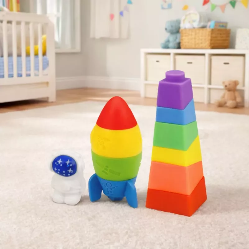 LEAN TOYS Gumijas bloku komplekts Tornis Raķete Kosmonauts Krāsains 11 gab.