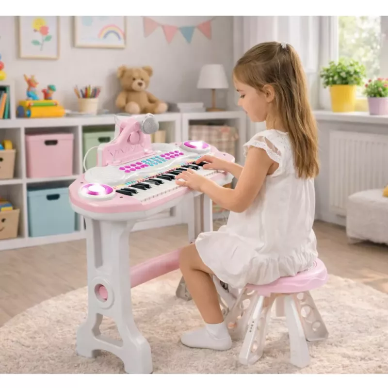 LEAN TOYS Elektroniskās klavieres bērniem ar krēslu, mikrofonu, MP3 - Rozā