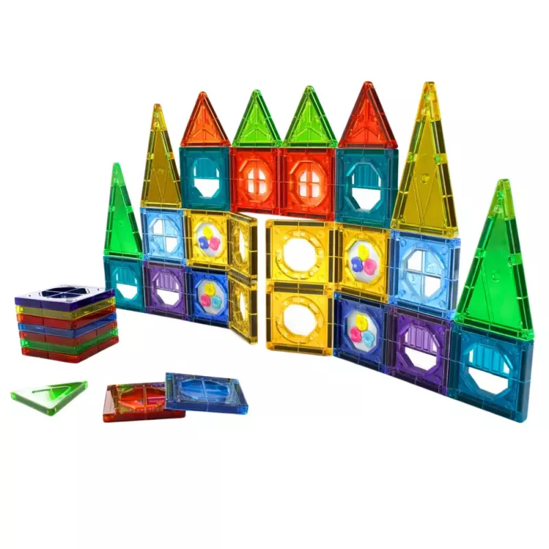 LEAN TOYS Magnētisko konstrukcijas bloku komplekts 3D logi krāsainiem paneļiem 56 gab.