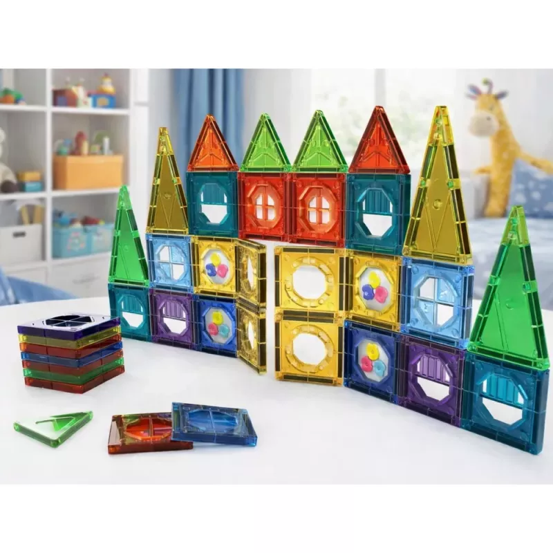 LEAN TOYS Magnētisko konstrukcijas bloku komplekts 3D logi krāsainiem paneļiem 56 gab.