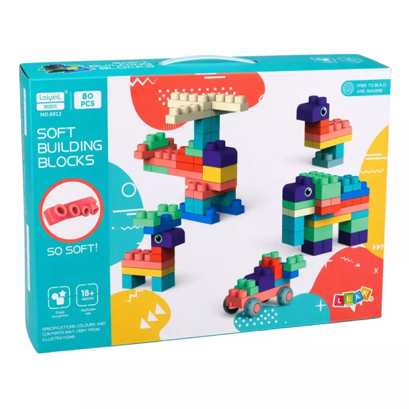 LEAN TOYS Mīksti sensoriskie silikona konstrukcijas bloki krāsaini 80 gab.