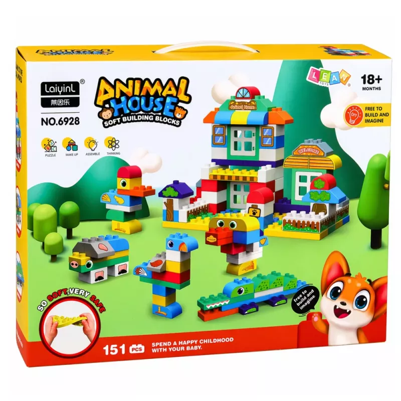 LEAN TOYS Mīkstie sensoriskie silikona konstrukcijas bloki Animal House 151 gab.