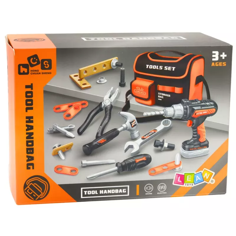 LEAN TOYS DIY Instrumentu komplekts somā ar urbi un skrūvgriezi 25 gab.