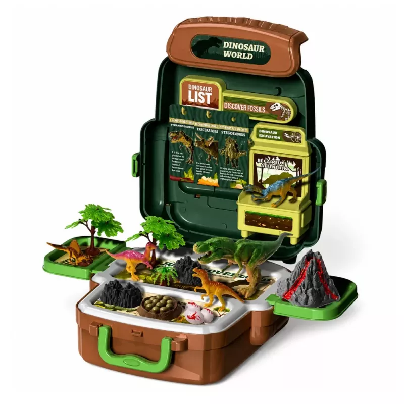 LEAN TOYS Dinozauru komplekts mugursomā, koferī, figūriņas, izglītojošas kartītes, aksesuāri, 30 gab.
