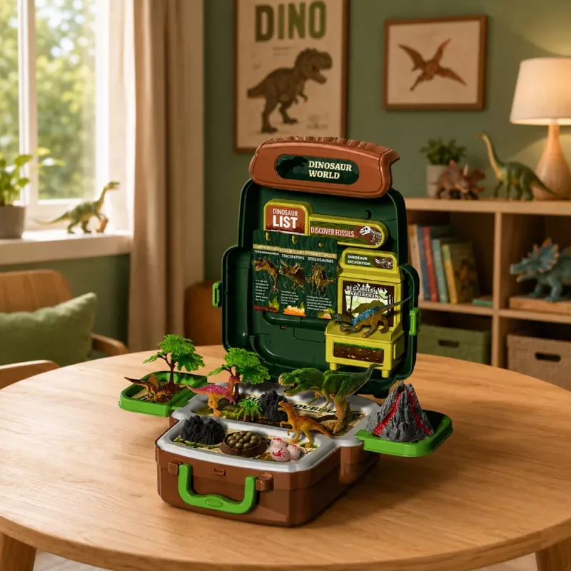 LEAN TOYS Dinozauru komplekts mugursomā, koferī, figūriņas, izglītojošas kartītes, aksesuāri, 30 gab.