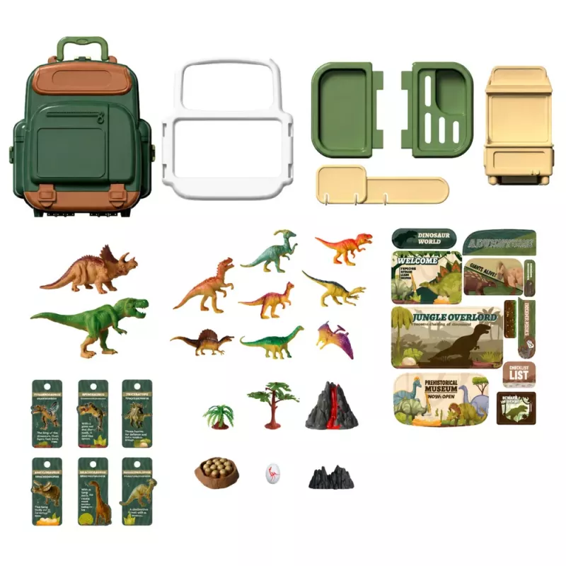 LEAN TOYS Dinozauru komplekts mugursomā, koferī, figūriņas, izglītojošas kartītes, aksesuāri, 30 gab.