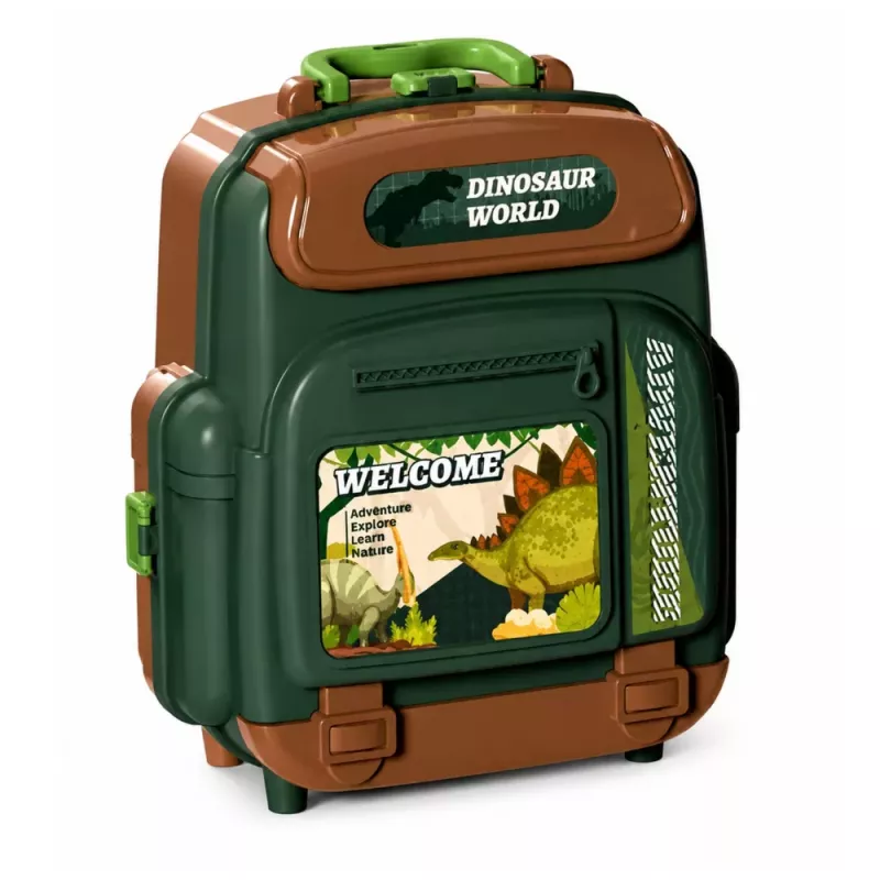 LEAN TOYS Dinozauru komplekts mugursomā, koferī, figūriņas, izglītojošas kartītes, aksesuāri, 30 gab.