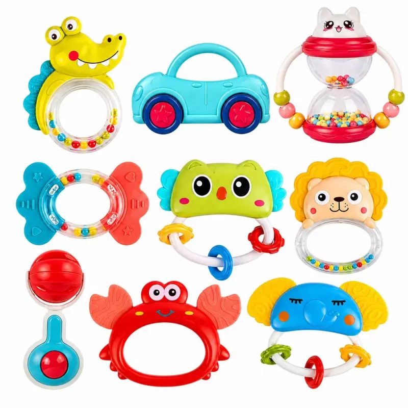 LEAN TOYS Grabuļu, zobu riņķu un rotaļlietu komplekts mazuļiem, krāsains, kustīgs, 9 gab.