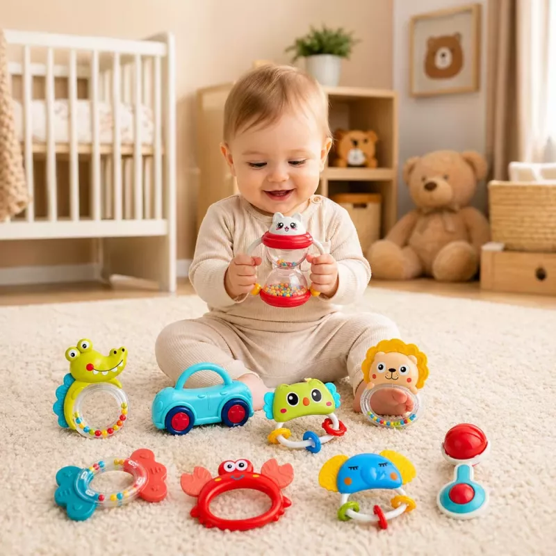LEAN TOYS Grabuļu, zobu riņķu un rotaļlietu komplekts mazuļiem, krāsains, kustīgs, 9 gab.