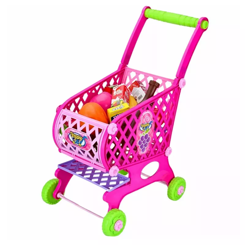 LEAN TOYS Liels iepirkumu ratiņš bērniem Pārtikas preces Rozā 52cm 46 gab.