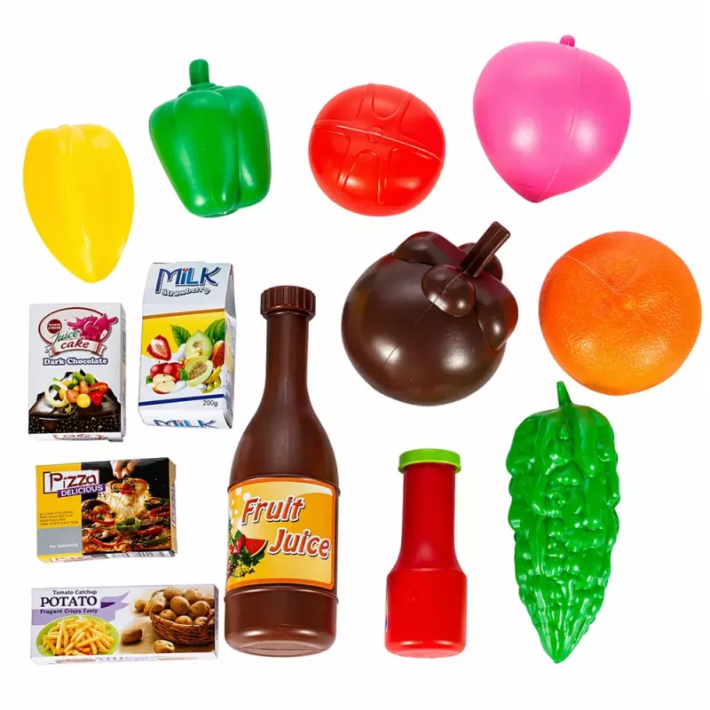 LEAN TOYS Liels iepirkumu ratiņš bērniem Pārtikas preces Rozā 52cm 46 gab.
