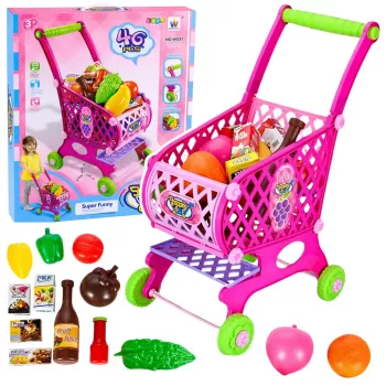 LEAN TOYS Liels iepirkumu ratiņš bērniem Pārtikas preces Rozā 52cm 46 gab.