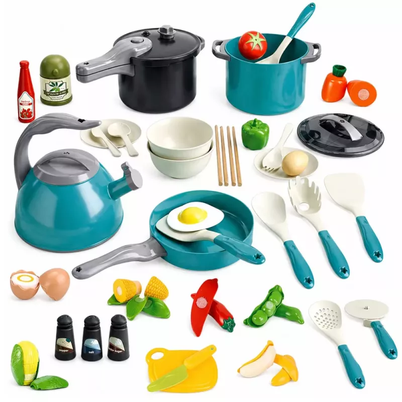 LEAN TOYS Mazā šefpavāra komplekts - virtuves podi, trauki, tējkanna, tirkīza, 33 gab.