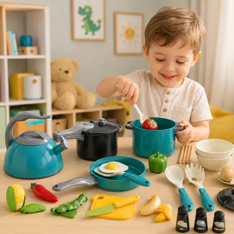 LEAN TOYS Mazā šefpavāra komplekts - virtuves podi, trauki, tējkanna, tirkīza, 33 gab.