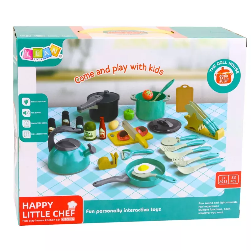LEAN TOYS Mazā šefpavāra komplekts - virtuves podi, trauki, tējkanna, tirkīza, 33 gab.