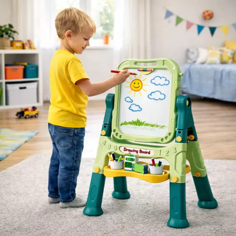 LEAN TOYS Divpusējs magnētiskais sausās dzēšanas un krīta dēlis ar magnētiem un krītiņiem, 48 gab.
