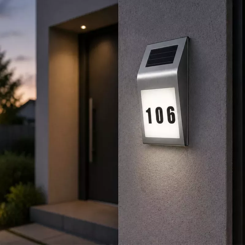 LEAN Saules LED sienas lampa ar mājas numura apgaismojumu, nerūsējošais tērauds