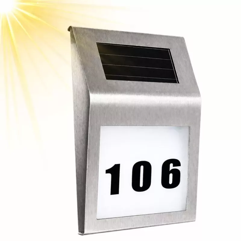 LEAN Saules LED sienas lampa ar mājas numura apgaismojumu, nerūsējošais tērauds