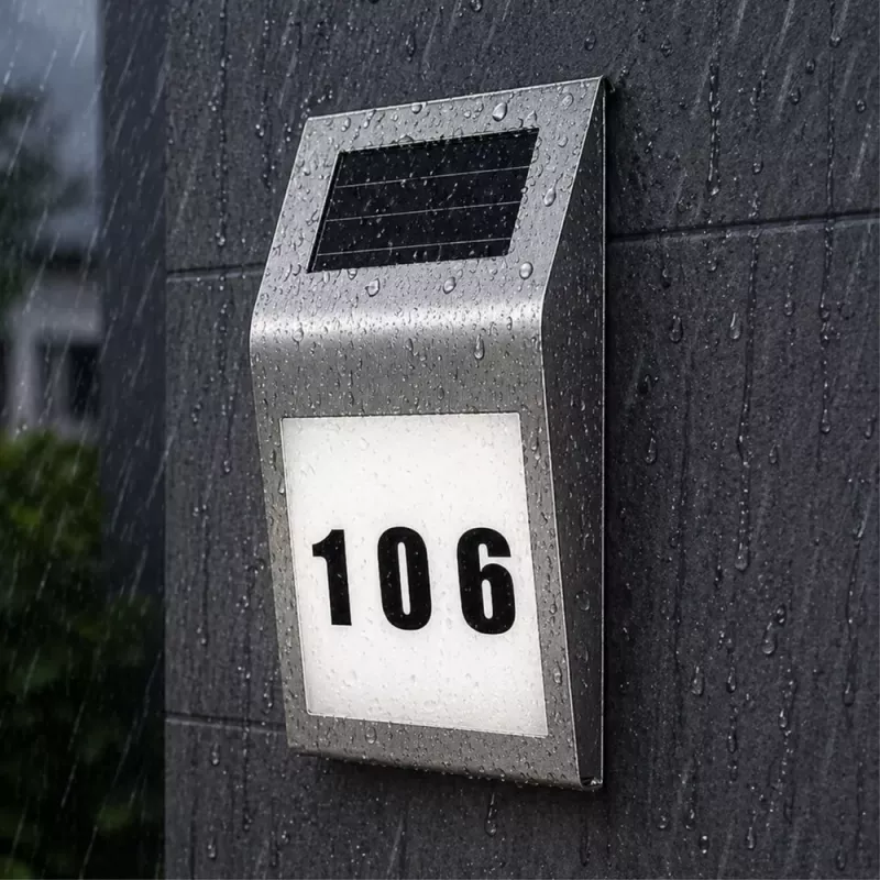 LEAN Saules LED sienas lampa ar mājas numura apgaismojumu, nerūsējošais tērauds