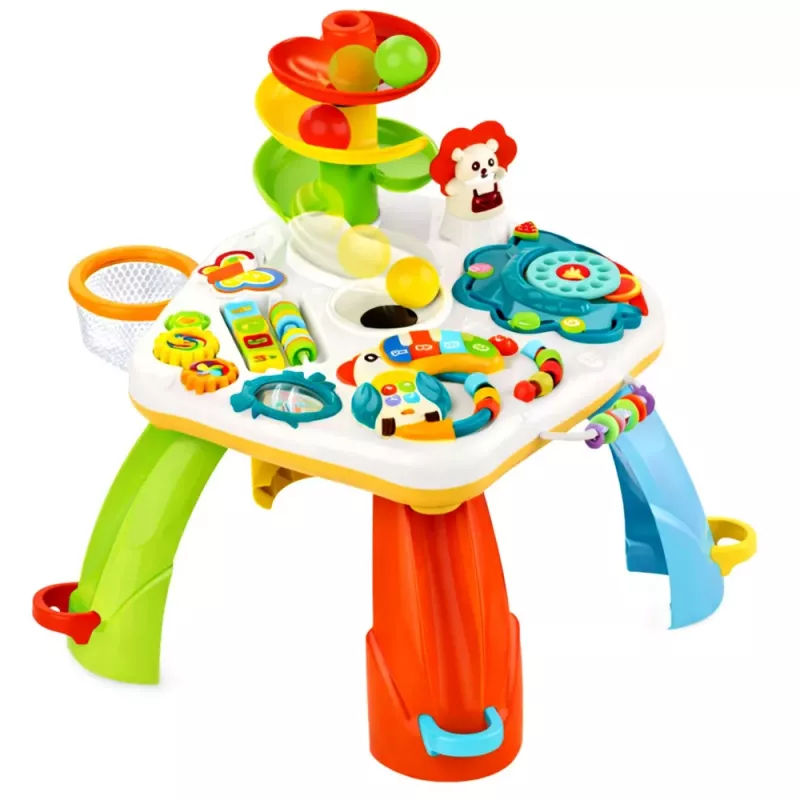 LEAN TOYS Izglītojošais galds ar interaktīvu klavierēm, bumbiņu slidkalniņu un kustīgiem elementiem