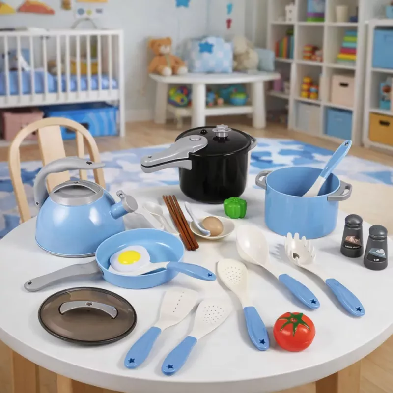 LEAN TOYS Virtuves piederumu komplekts Katli Panna Tējkanna Piederumi Zils 32 gab.