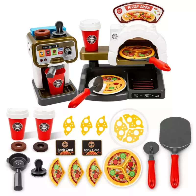 LEAN TOYS Pizzeria komplekts ar picas krāsni, kafijas automātu un aksesuāriem