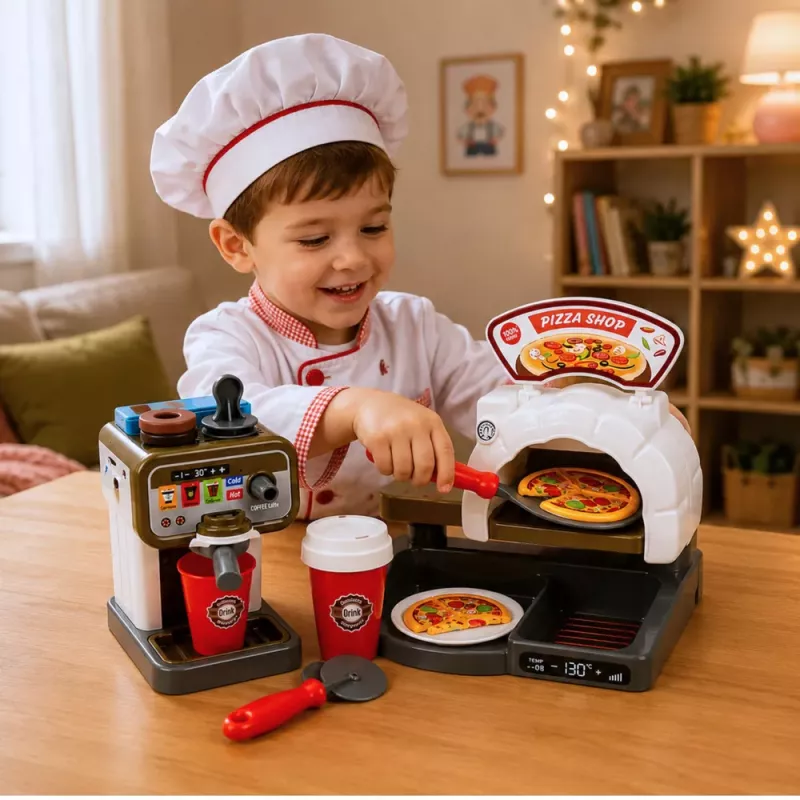 LEAN TOYS Pizzeria komplekts ar picas krāsni, kafijas automātu un aksesuāriem