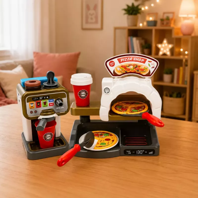 LEAN TOYS Pizzeria komplekts ar picas krāsni, kafijas automātu un aksesuāriem